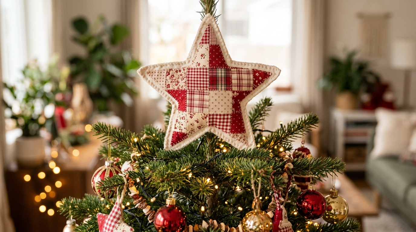 Patchwork fabric star tree topper on a lit Christmas tree