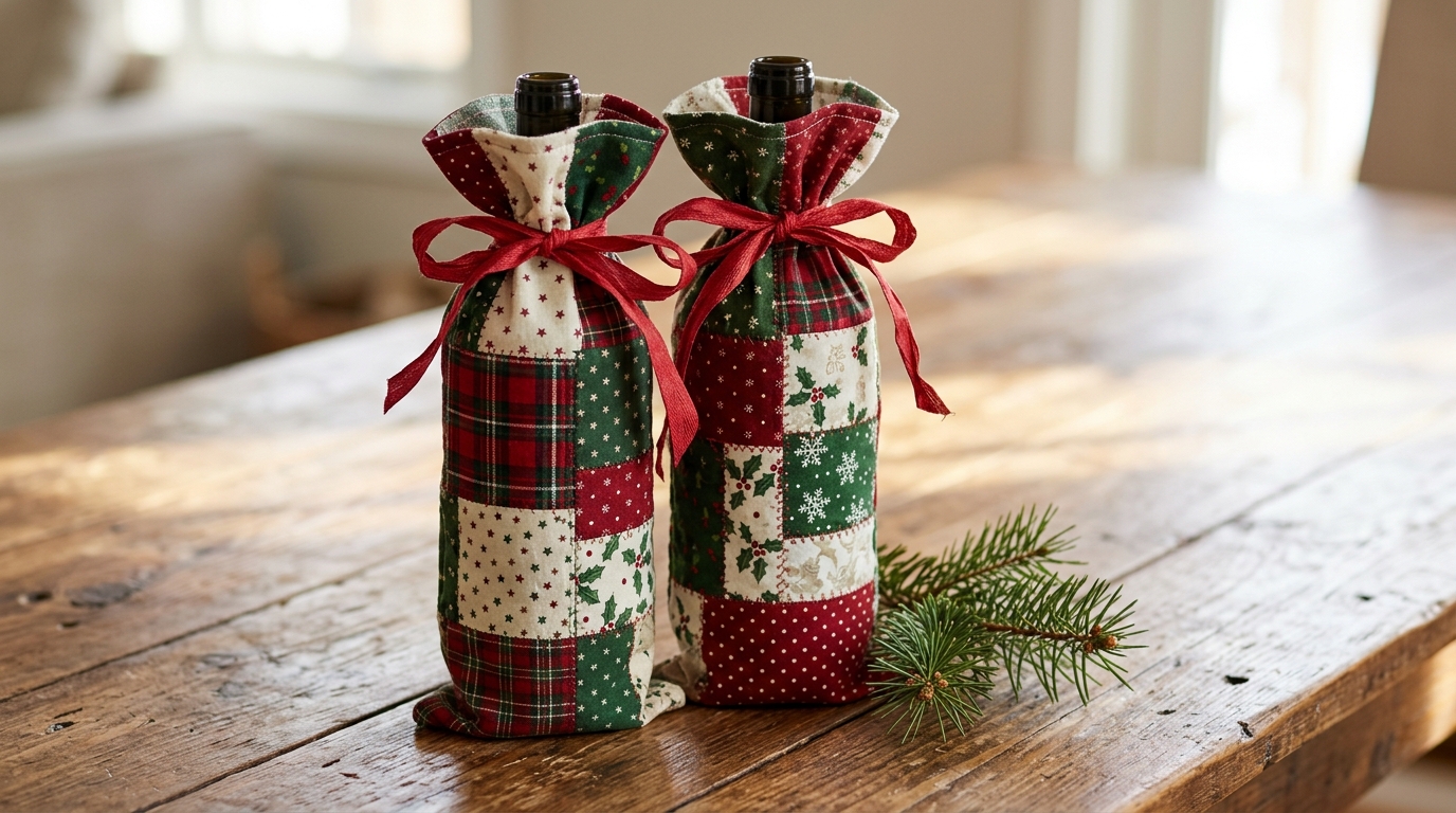 Patchwork fabric wine bottle gift bags tied with red ribbon