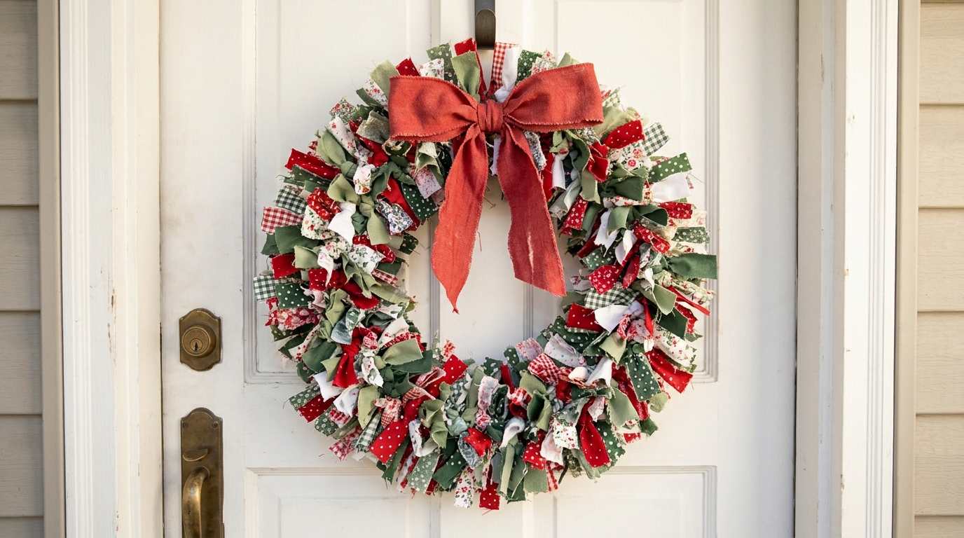 Wreath made from tied fabric scrap strips on a white front door