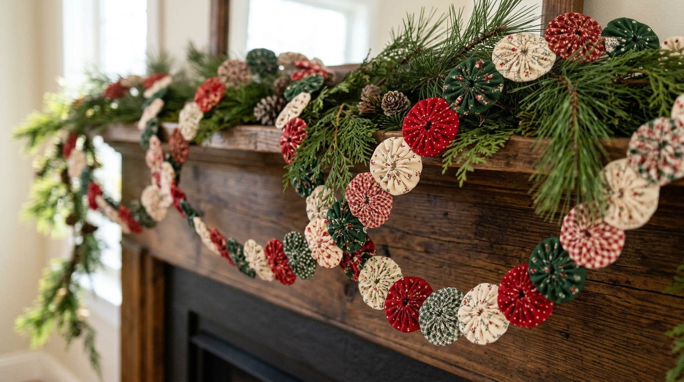Garland of gathered fabric yo yos on a wooden mantel
