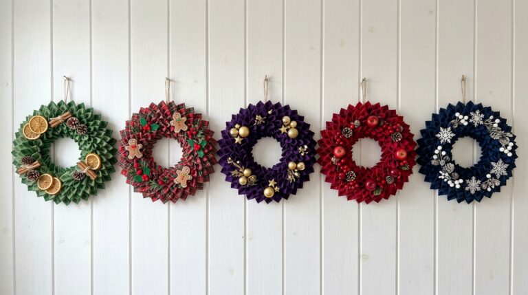 Fabric wreath ideas five folded fabric petal wreaths in green, plaid, purple, red and navy on a white wall