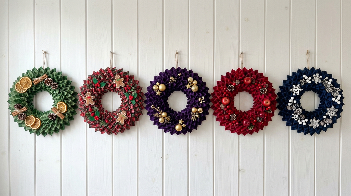 Fabric wreath ideas five folded fabric petal wreaths in green, plaid, purple, red and navy on a white wall