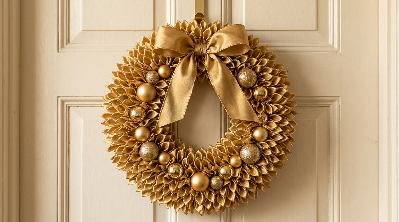 Gold metallic fabric petal wreath with matte and shiny gold ornaments and ribbon on a cream paneled door