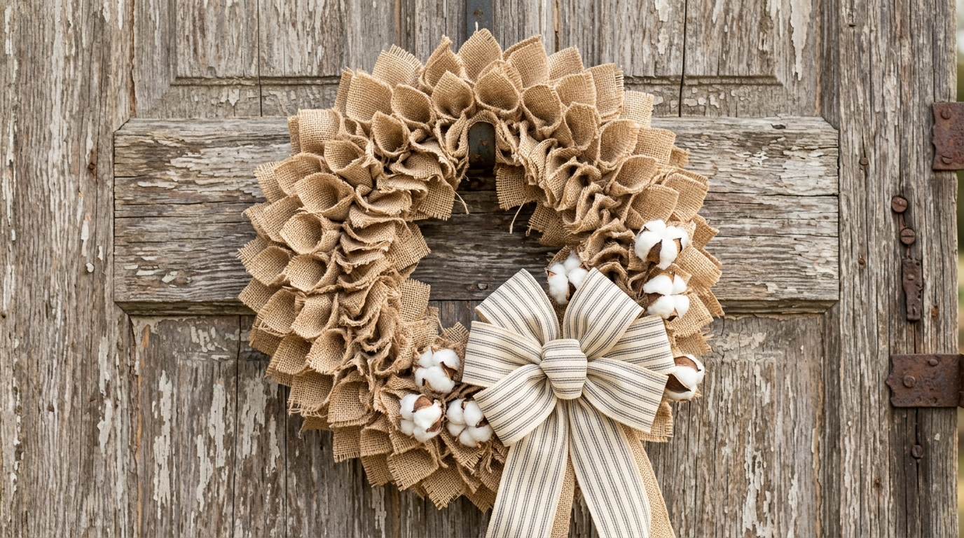 Fabric wreath ideas burlap petal wreath with a cream ticking stripe bow and white cotton bolls on a wooden door