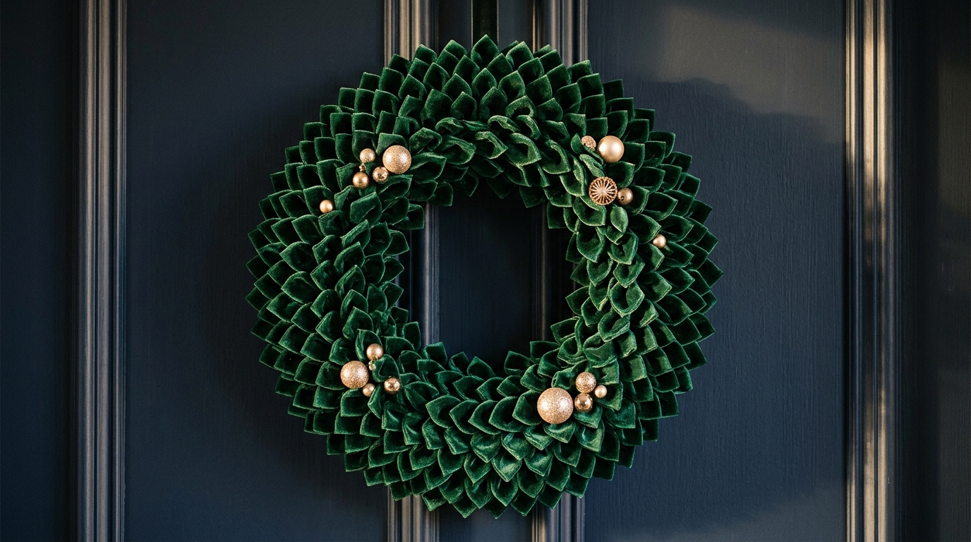 Emerald green velvet fabric petal wreath with champagne ornaments on a dark navy door