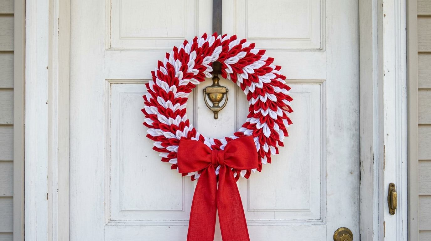 Fabric wreath ideas red and white petal wreath with a giant red fabric bow on a white farmhouse door