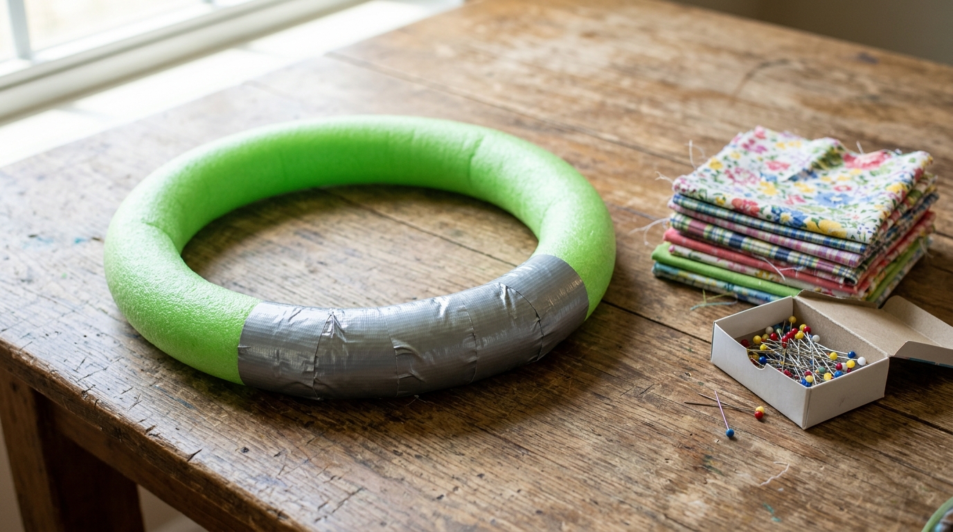 Green foam pool noodle bent into a ring and joined with duct tape on a craft table beside fabric squares