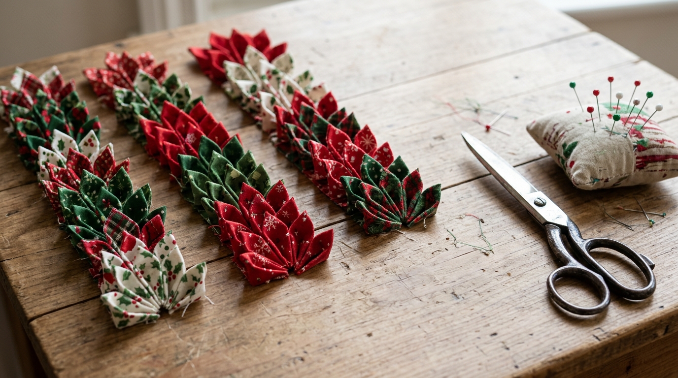 Rows of red and green Christmas print fabric squares folded into pointed triangle petals beside scissors and a pincushion