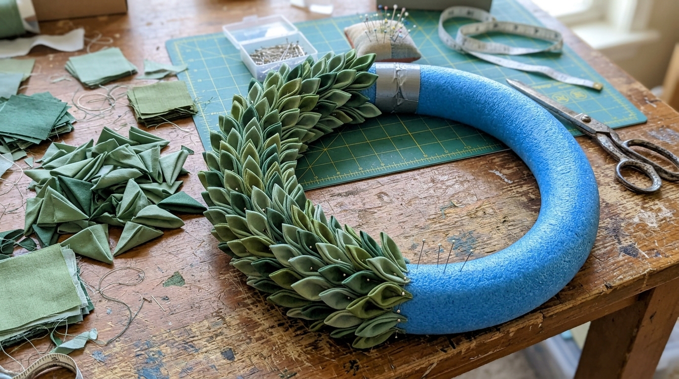 Fabric wreath ideas pool noodle ring half covered with overlapping rows of folded green fabric petals held by pins