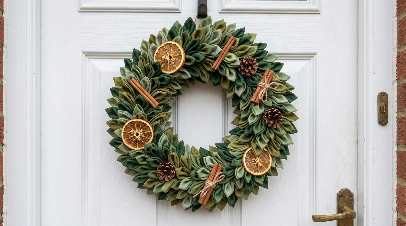 Green folded fabric petal wreath with dried orange slices, cinnamon sticks and pine cones on a white door