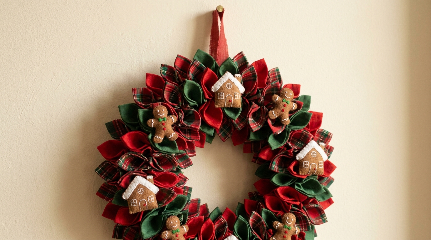 Fabric wreath ideas red and green plaid petal wreath decorated with felt gingerbread people and tiny felt houses