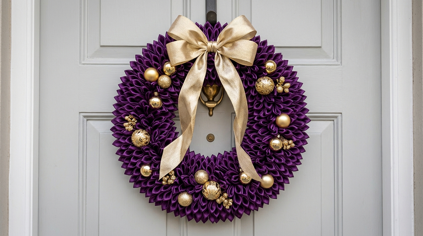 Fabric wreath ideas deep purple satin petal wreath with shiny gold ornaments and a gold bow on a grey door