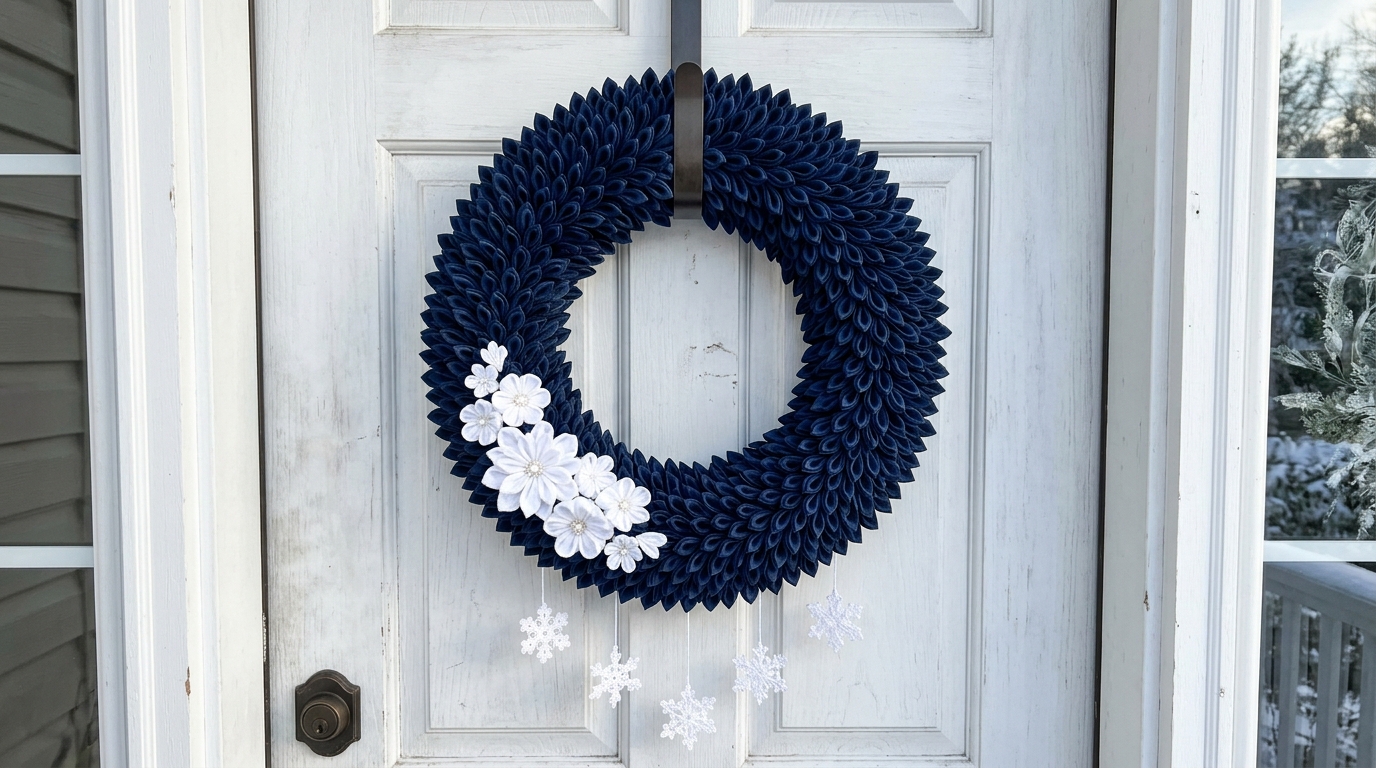 Navy blue fabric petal wreath with a cluster of white fabric flowers on a white front door
