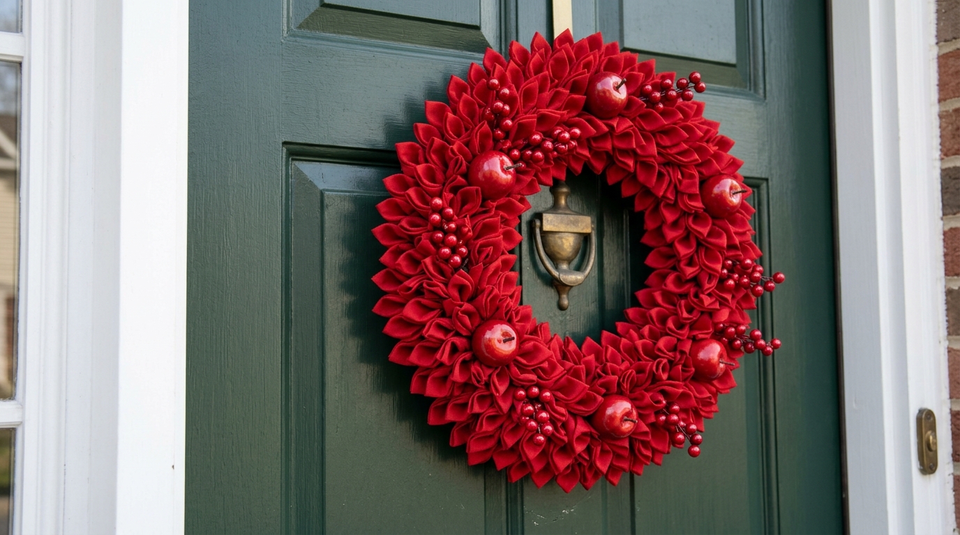 Red fabric petal wreath with shiny red apples and berry sprigs on a dark green front door