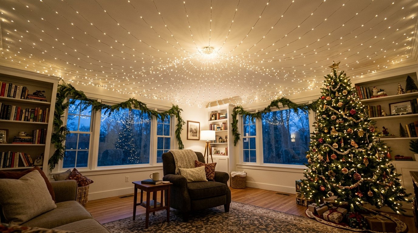 Warm white fairy light strands draped in swoops overhead in a cozy living room at dusk