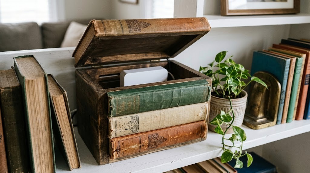 Hide living room eyesores with a fake book box hiding a router on a bookshelf