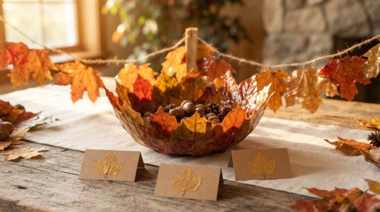Fall leaf crafts: a glossy bowl made of red, orange and gold leaves on a rustic table with a leaf garland and place cards