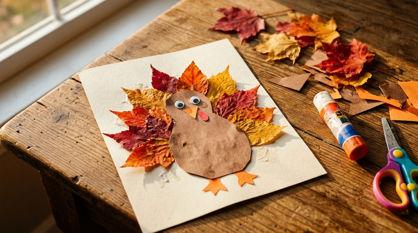 Kids turkey craft with real pressed autumn leaves as tail feathers on cream cardstock