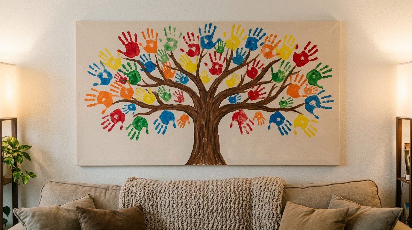 Handprint and footprint crafts: family handprint tree canvas above a living room sofa