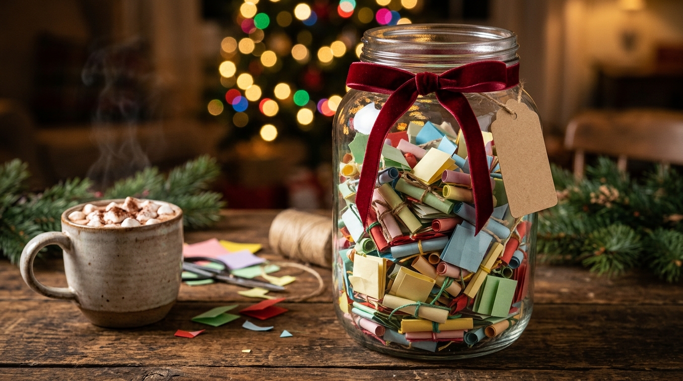Glass memory jar filled with rolled colorful notes and a red ribbon
