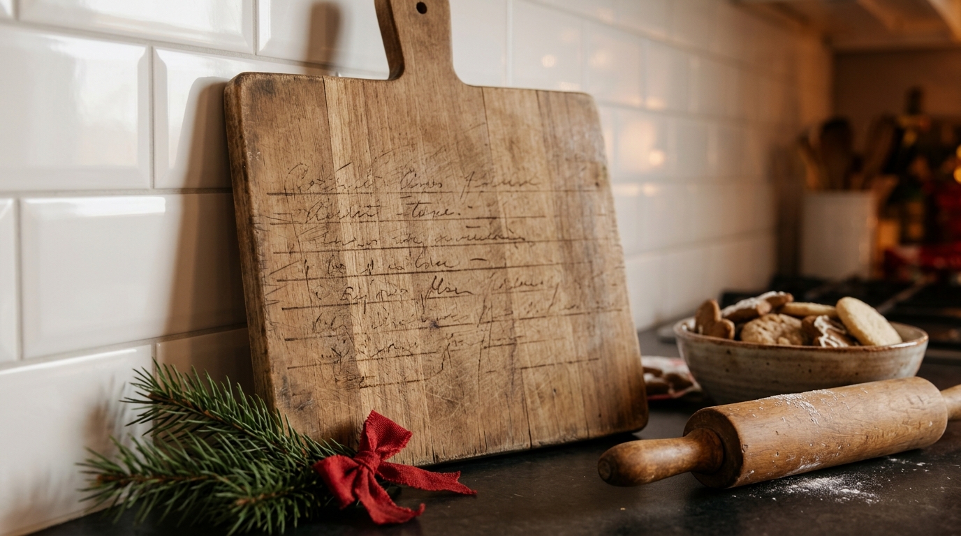 Easy DIY Christmas gifts: cutting board with a family recipe design in a holiday kitchen