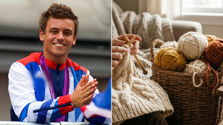 Famous stars who knit: Olympic diver Tom Daley beside an image of hands knitting a chunky cardigan with a basket of yarn