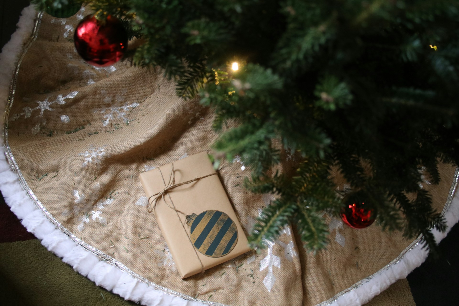 Christmas tree skirt with a fluffy white trim and a wrapped gift under the tree