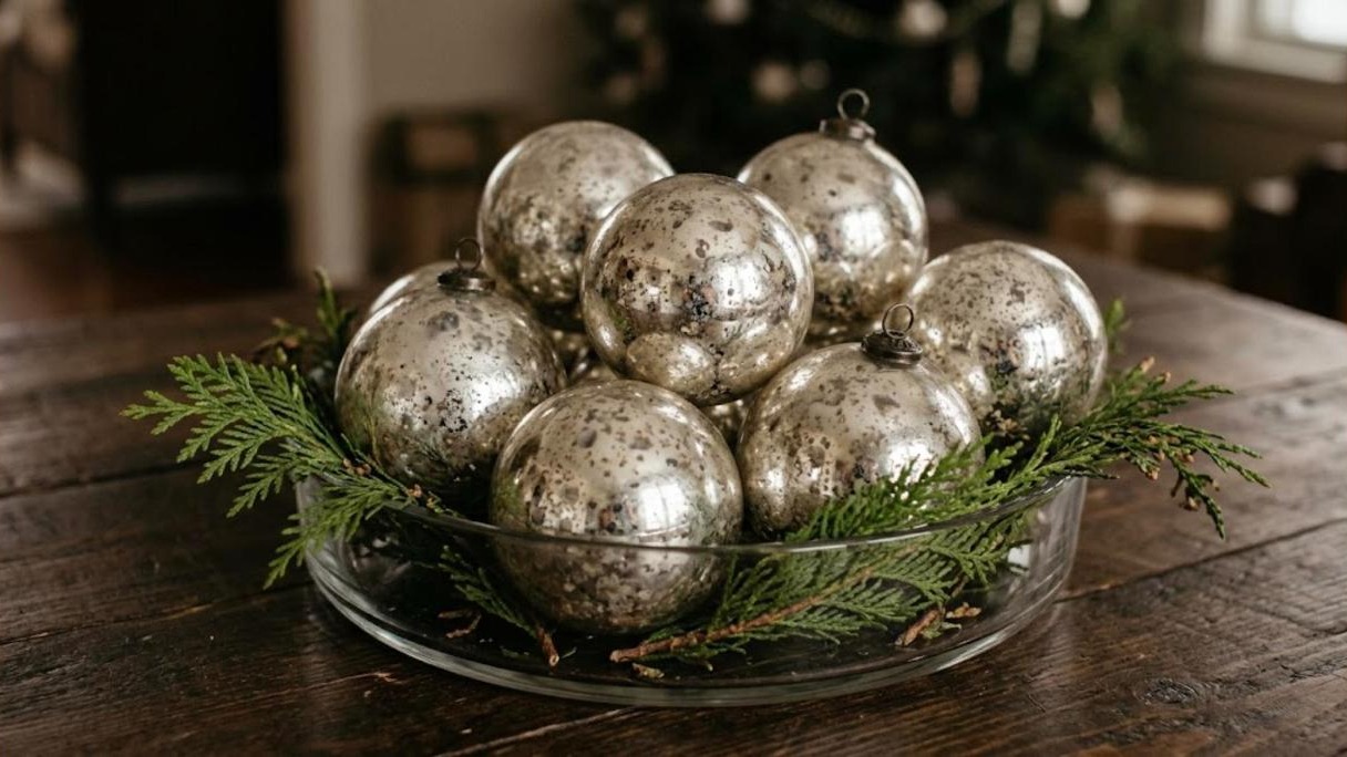 Faux mercury glass ornaments with a speckled antique silver finish in a glass bowl with cedar
