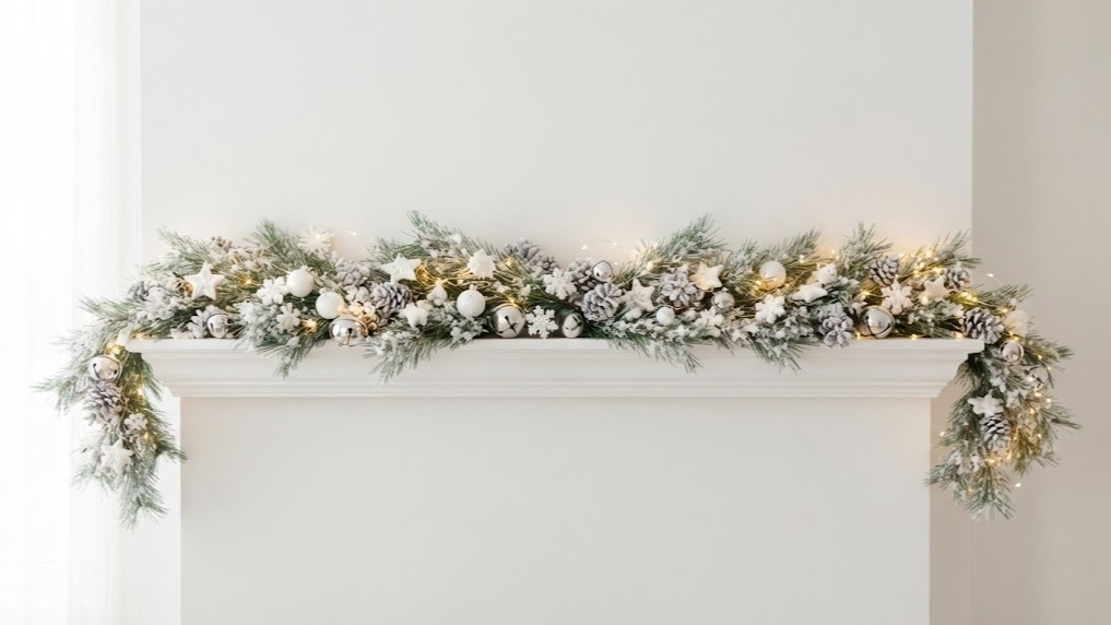 White Christmas decor mantel garland dusted with faux snow and white ornaments