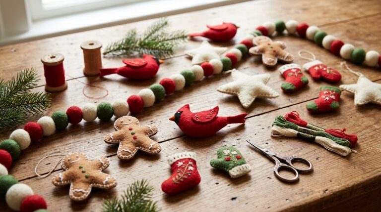 Felt Christmas crafts: handmade gingerbread, cardinal, star and stocking ornaments with a wool ball garland on a wooden table