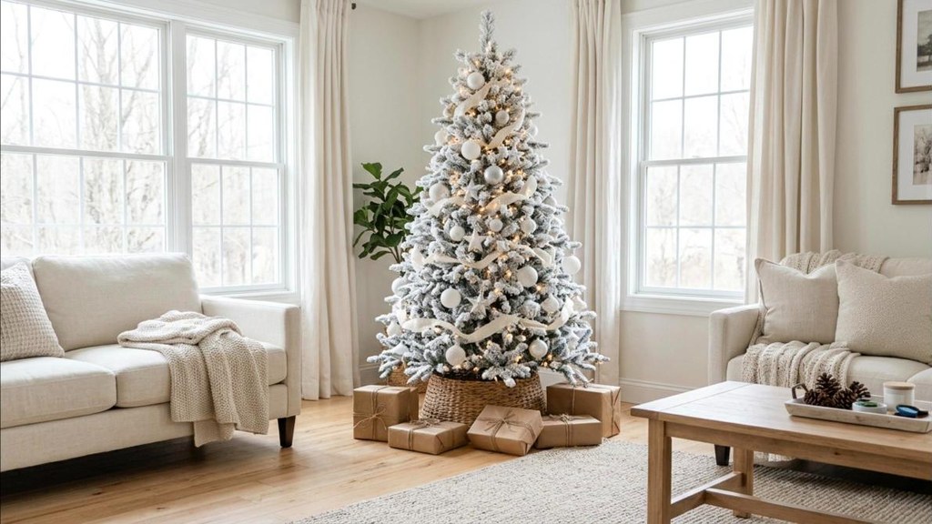 Flocked Christmas tree on a budget in a cozy living room