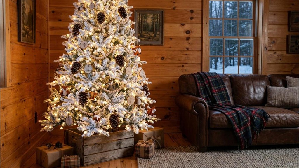Snowy tree with pine cones, wood bead garland and felt woodland animals