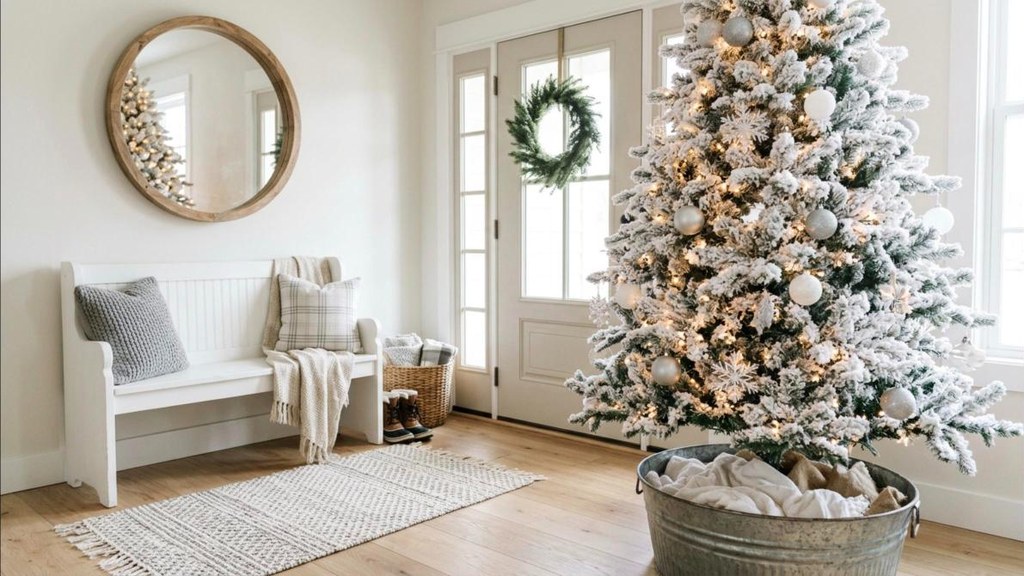 Thin secondhand artificial tree made fuller with white flocking