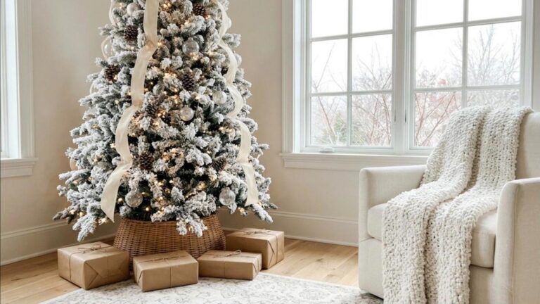 Flocked Christmas tree covered in heavy white snow with silver ornaments in a bright living room