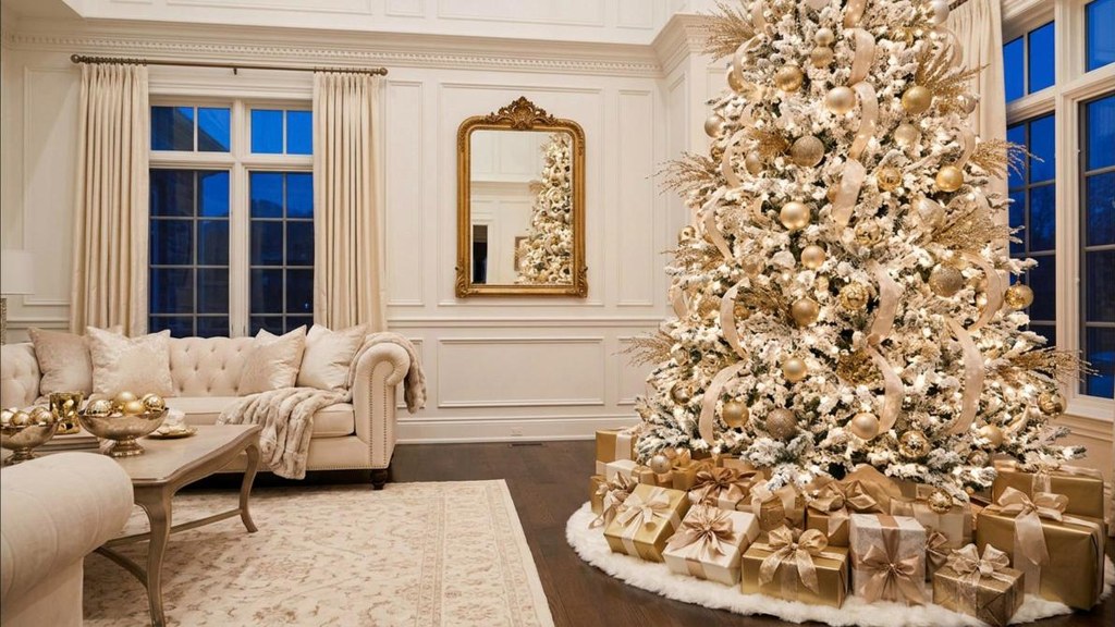 Gold and white glam flocked Christmas tree with champagne ribbon