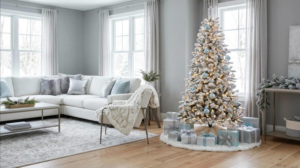 Flocked Christmas tree with icy blue and silver ornaments