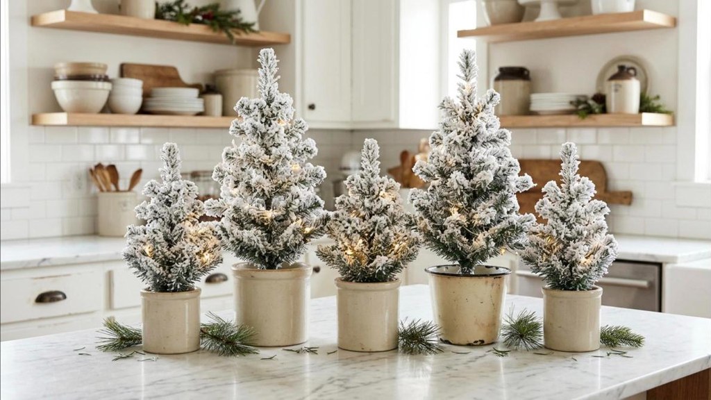 Row of small flocked trees in stoneware crocks on a kitchen counter