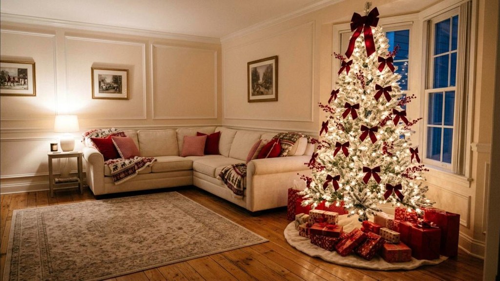 Flocked Christmas tree with red velvet bows and red berry picks