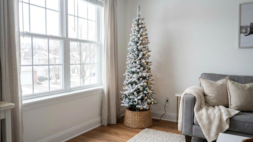 Slim flocked Christmas tree in a small apartment corner