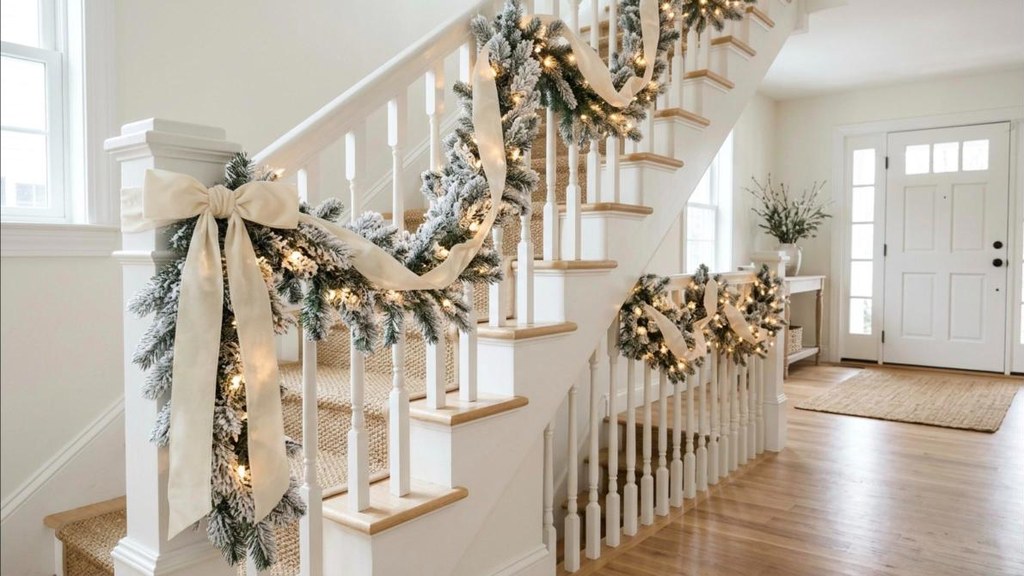 Snowy flocked garland on a staircase railing with cream ribbon