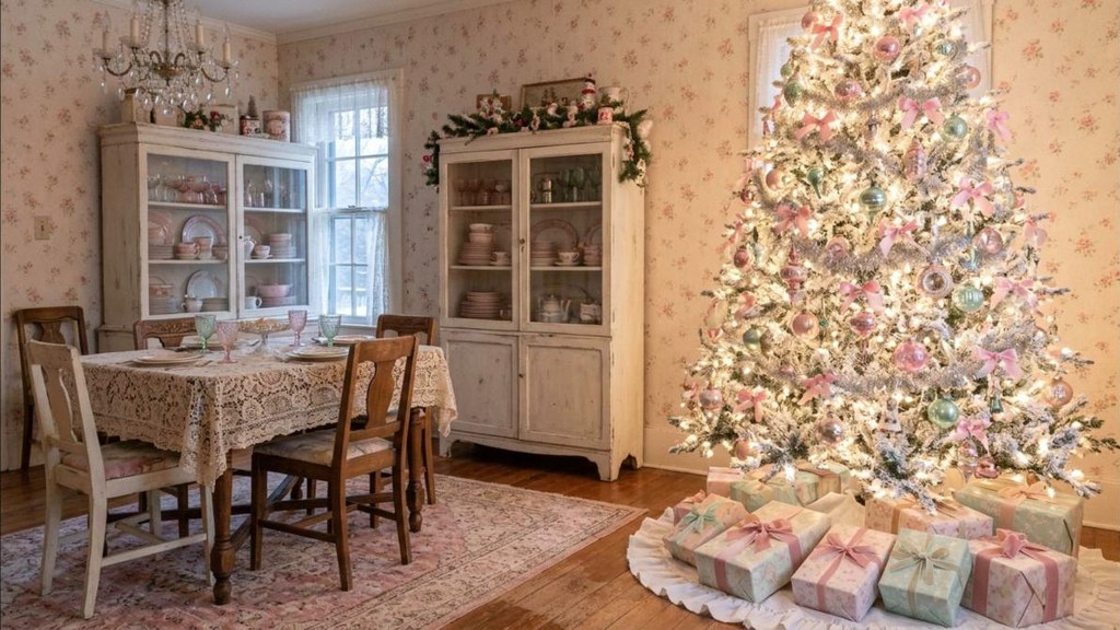 White flocked tree with pink and mint vintage glass ornaments and tinsel