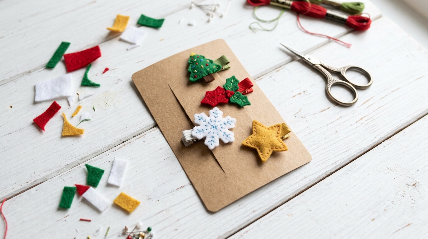 Handmade felt hair clips shaped like tiny Christmas trees, holly and stars on a kraft card