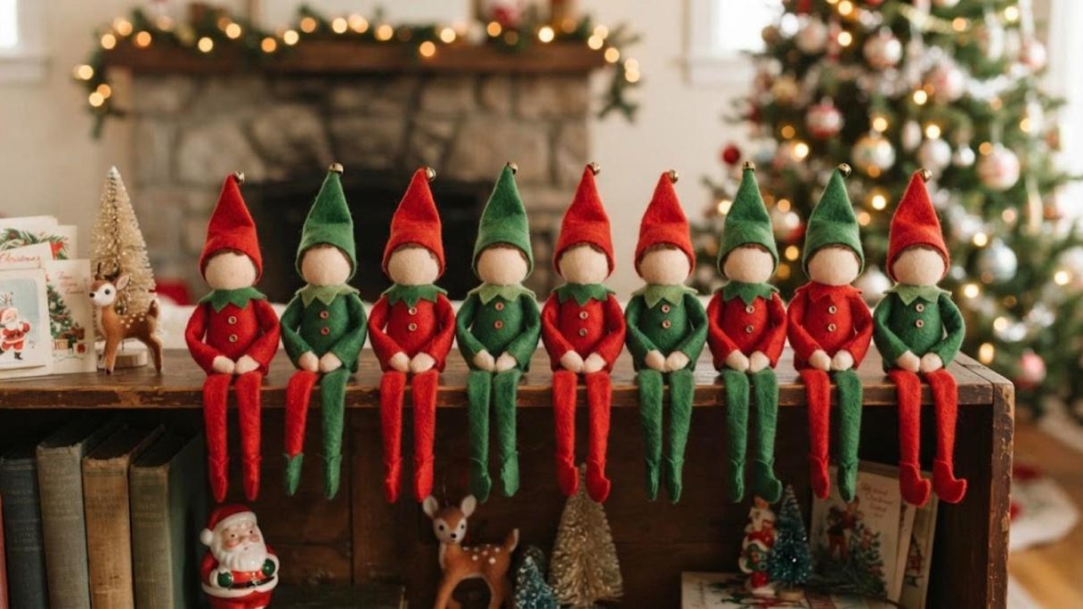 A row of handmade red and green felt elf shelf sitters on a wooden bookshelf