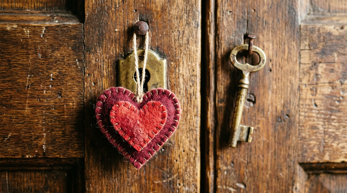 Felt heart keyhole cover hanging on an old wooden door