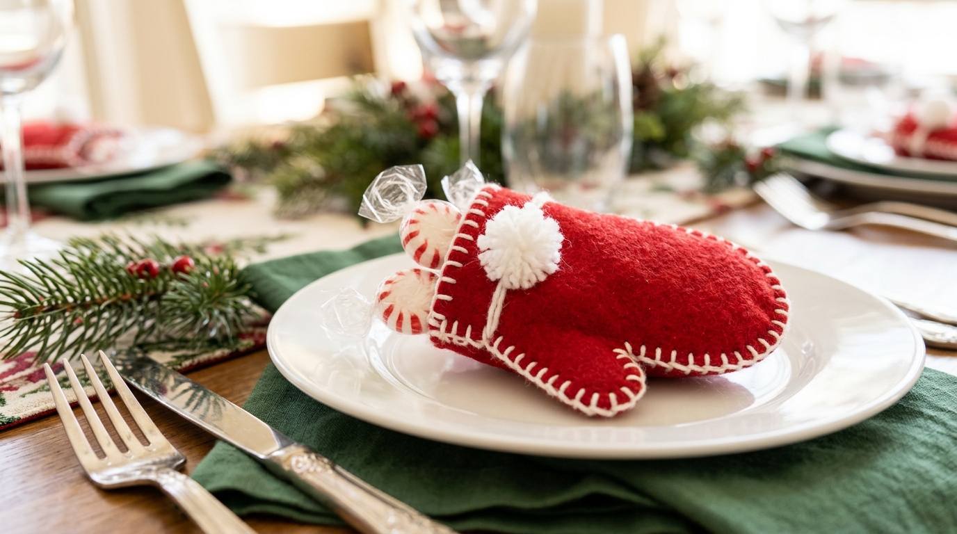 Small handmade red felt mitten with white stitching holding peppermint candies on a plate