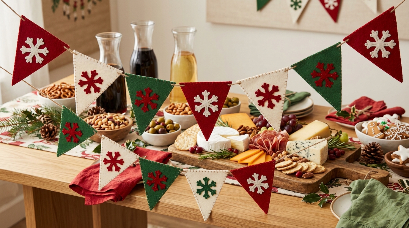 Amy Sedaris Christmas crafts party idea of a felt pennant banner with snowflakes over a snack table