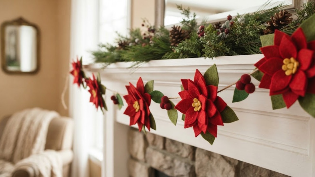 Poinsettia Christmas decor felt garland with green leaves on a white mantel