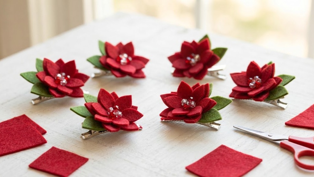 Six small red felt poinsettia hair clips with green leaves and bead centers on a white table