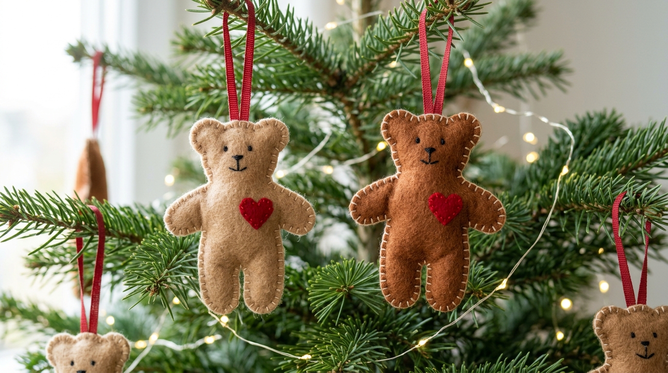 Felt teddy bear Christmas ornaments with red hearts hanging on a tree
