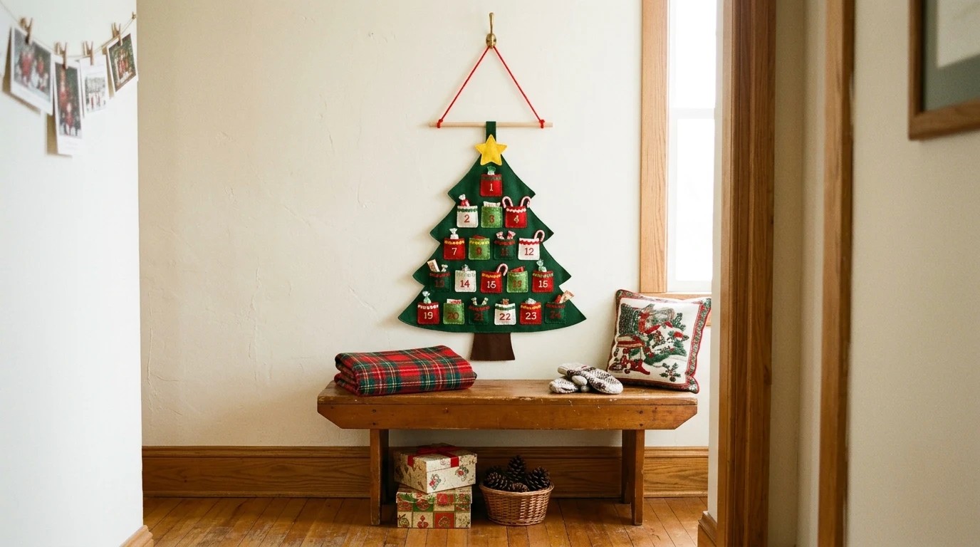 Felt Christmas tree advent calendar with pockets above a bench